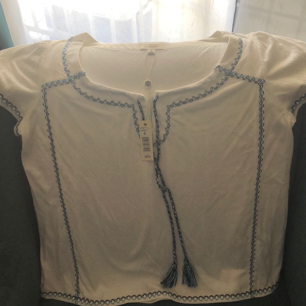 MAX STUDIO Ivory and Navy Blouse with Tassels